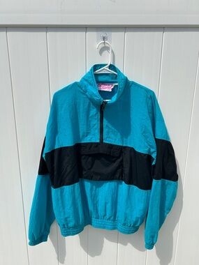 Shell Shock Vintage Teal and Black Windbreaker Jacket - Lightweight Pullover
